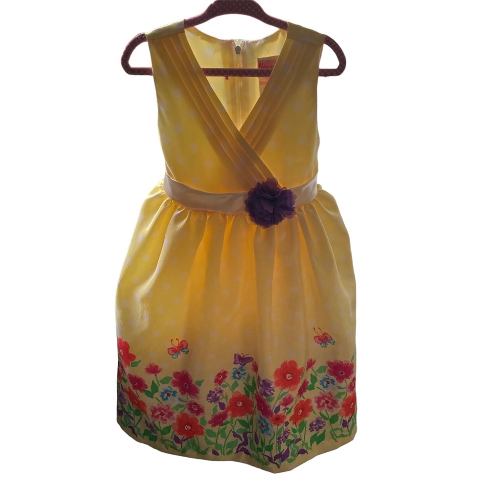 Nanette Girls Yellow and White polka‎ dot dress with floral design, size 5